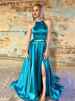 

Two Pieces Blue Prom Dresses Long High Split Beaded Halter Silk Satin Evening Party Dress Formal Gowns Vestido De Festa 2020
