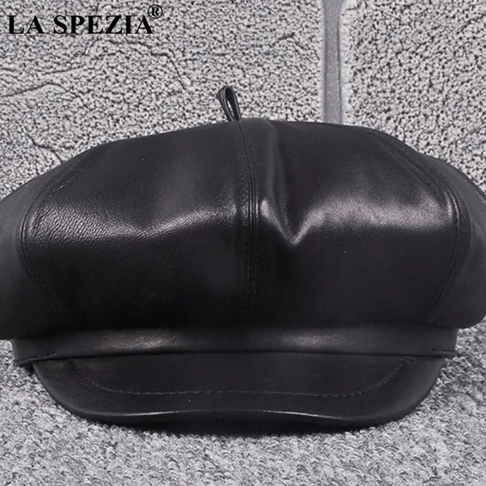 LA SPEZIA Newsboy кепки-береты женские черные из натуральной кожи Восьмиугольные шляпы женские из натуральной кожи весна осень классические шапки художника