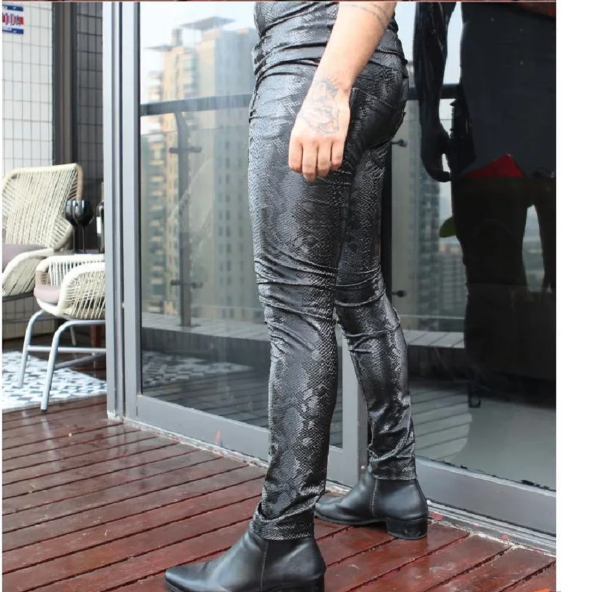Men Trousers Men Snake Skin Texture PU Leather Lining Fleeces Skinny Bottoms Pencil Pants Velvet Legging Warm Motorcycle Punk Casual Trousers men trousers leather pants skinny pants