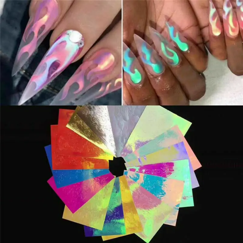 

Faroot 16Pcs Holographic Fire Flame Hollow Stickers Fires Stickers Manicure Nail Art Self-made nail paste