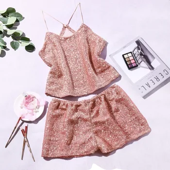

Sexy Sequins Pajamas Set For Women Sleepwear Fashion Summer Sleeveless Camis Top and Shorts Set Pajama Outfits 2pcset