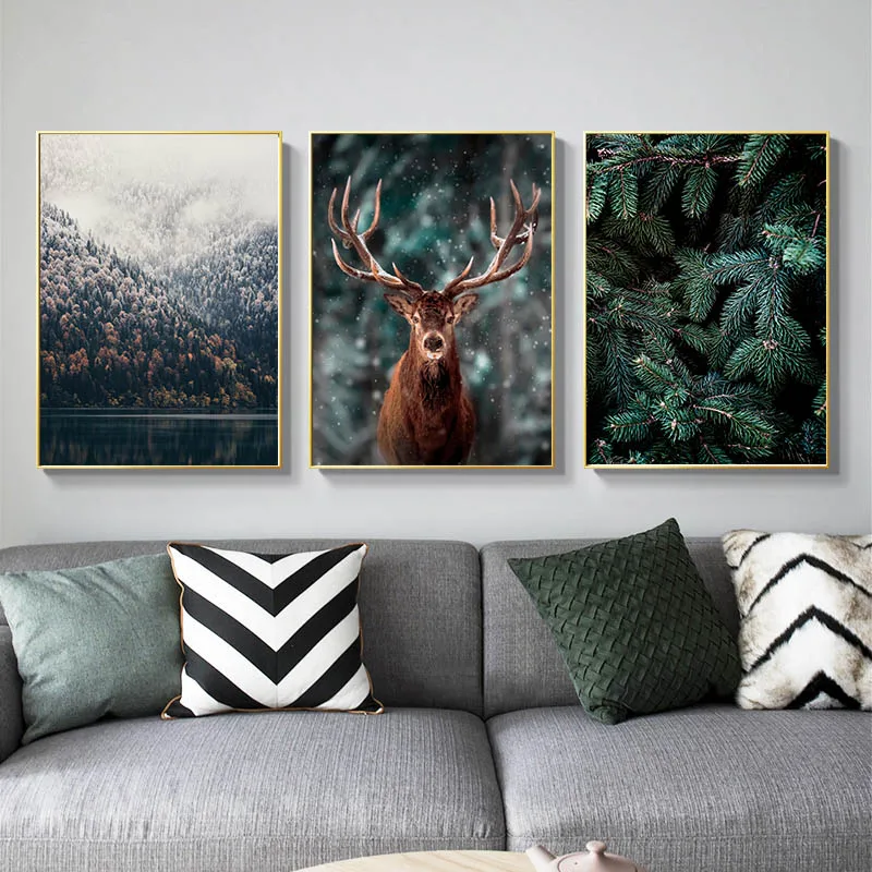 Nordic-Fog-Forest-Deer-Animal-Canvas-Wall-Art-Print-Painting-Mountain-Lake-Landscape-Poster-Nature-Decorative
