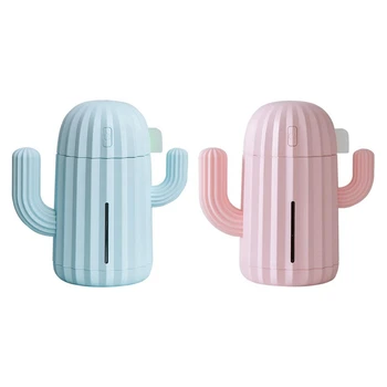 

2Pcs 340Ml Usb Air Humidifier Cactus Timing Aromatherapy Diffuser Mist Maker - Pink & Blue