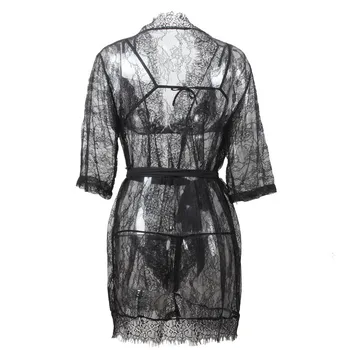 

Black Women Lingerie Sheer Babydoll Sexy Nightwear Lace Sleepwear with Thong Perspective Micro Bikini Bra Set Kimono Robe 3pcs