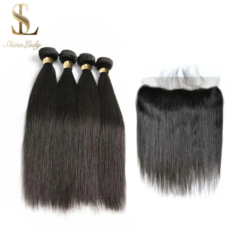 Shinelady Straight Hair Bundles With Frontal 13x4 Closure 100% Brazilian Human Bundle Lace Remy Extension | Шиньоны и парики