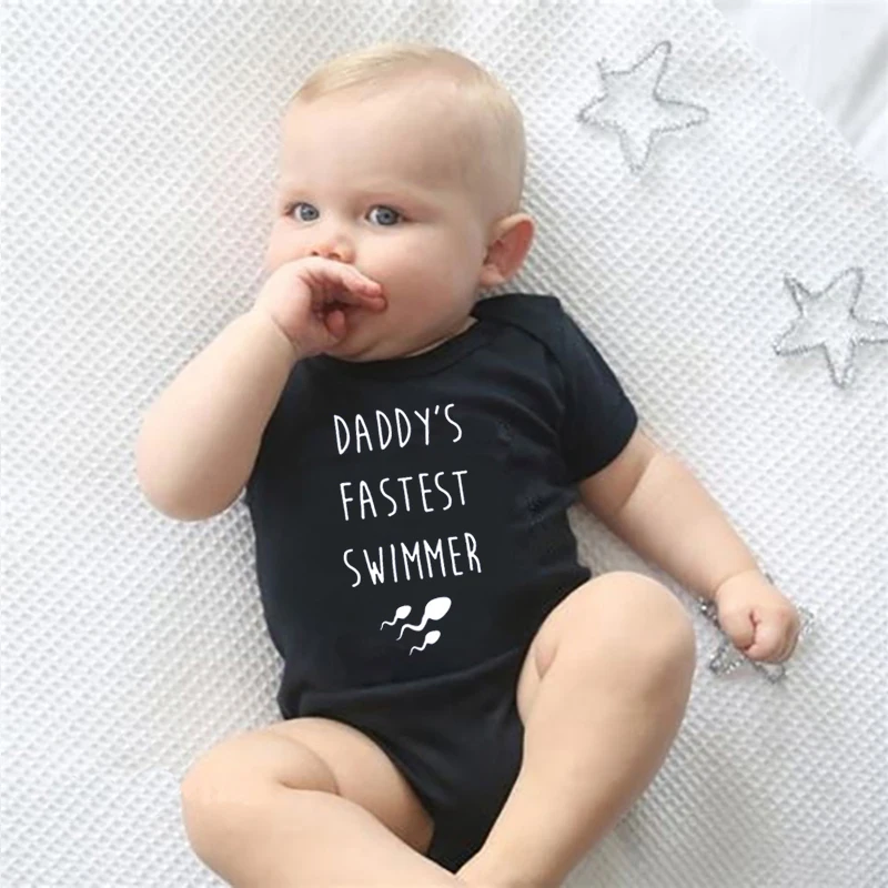 Dad Faster Swimmer Print Baby Clothes Newborn Summer Funny Letters White Infant Boy Cotton Onesies Romper Outfits |
