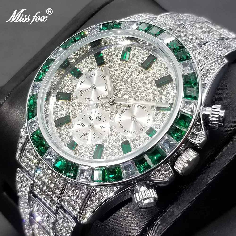 MISSFOX Green Full Daimond Men's Watches Luxury Iced Out Calendar Quartz Wristwatch Hip Hop Luminous Waterproof Clock Gift  Male