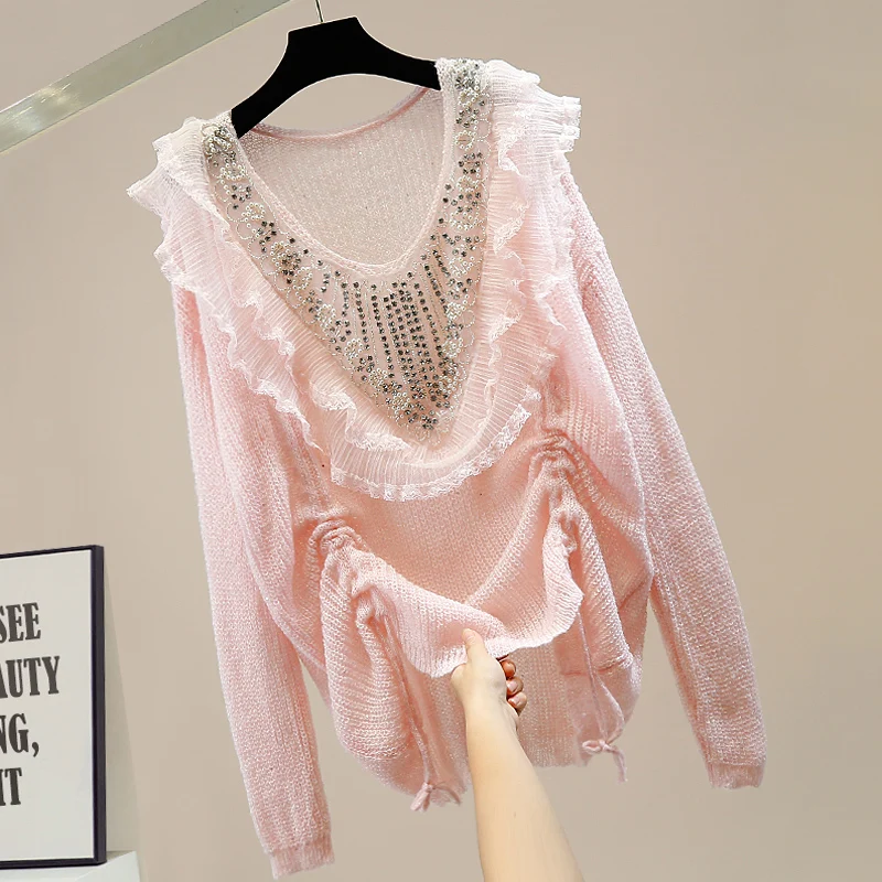 

Oversize Sweater Women Beaded Diamond Lace Stitching Drawstring Pleated Design Hollow Micro Transparent Long Loose Sweaters