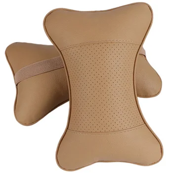

2 Pcs Artificial Leather Car Pillow Protection Your Neck/Car Headrest Hole-Digging Design/Auto Supplies Neck Pillow Beige