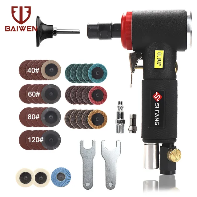 Mini Air Angle Die Grinder 1/4 inch & 1/8 inch Pneumatic Grinding Machine 90 Degree Polisher Mill Engraving Tool Set Black 44pcs Set