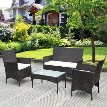 

4 Pcs Outdoor Patio Waterproof Rattan Wicker Sturdy Steel Frame Cushioned Sofa Table Comfortable Removable Cushions HW52188