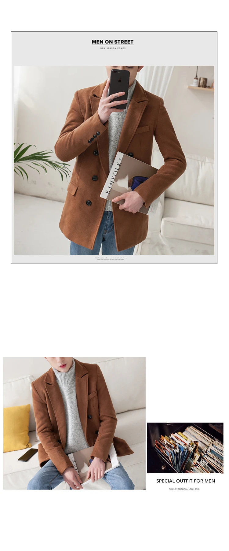 Men Winter Wool Double Breasted Coat Korean Fashion Warm Jacket Slim Fit Middle Long Blend Coat Men Solid Color Overcoat