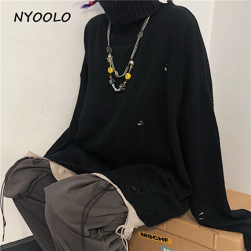 NYOOLO, осенне-зимняя уличная одежда, свободный свитер с дырками, повседневный пуловер с длинным рукавом, вязаный свитер для женщин и мужчин