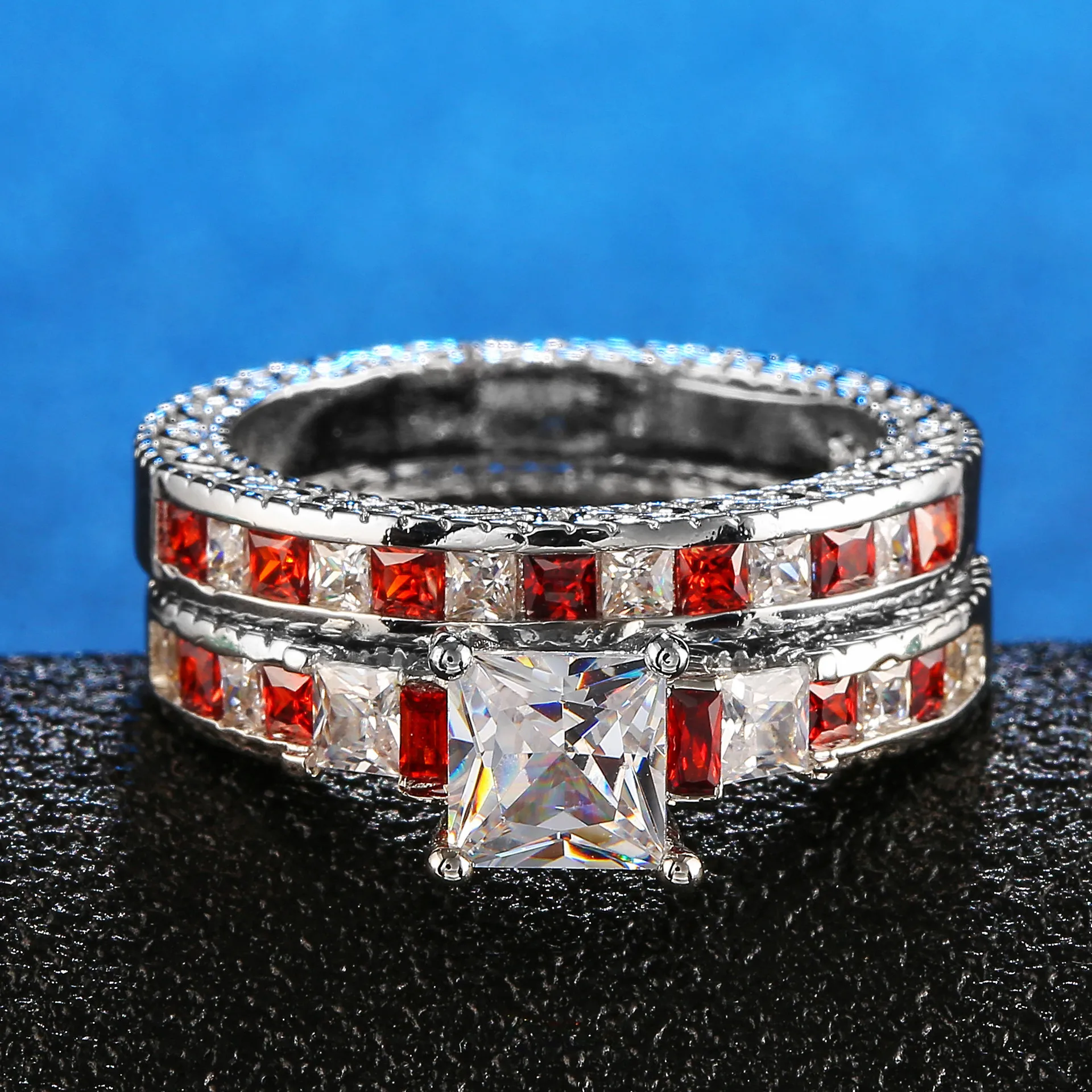 Double Square CZ Rings in Rhodium Plated Wedding Bands AAA Zircon Jewelry Women Accessories Engagement wedding inzatt | Украшения и