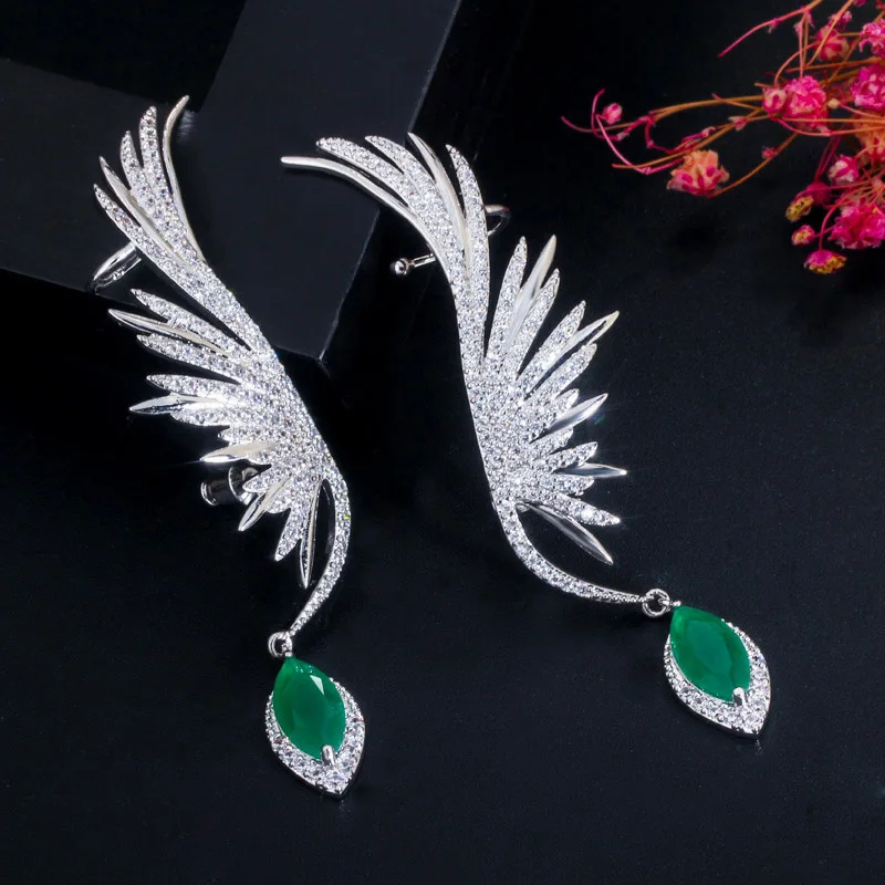 green CWWZircons, роскошные серьги-манжеты с фианитами, популярные, большие, длинные, висячие, с перьями, для женщин, CZ625 - Окраска металла: green