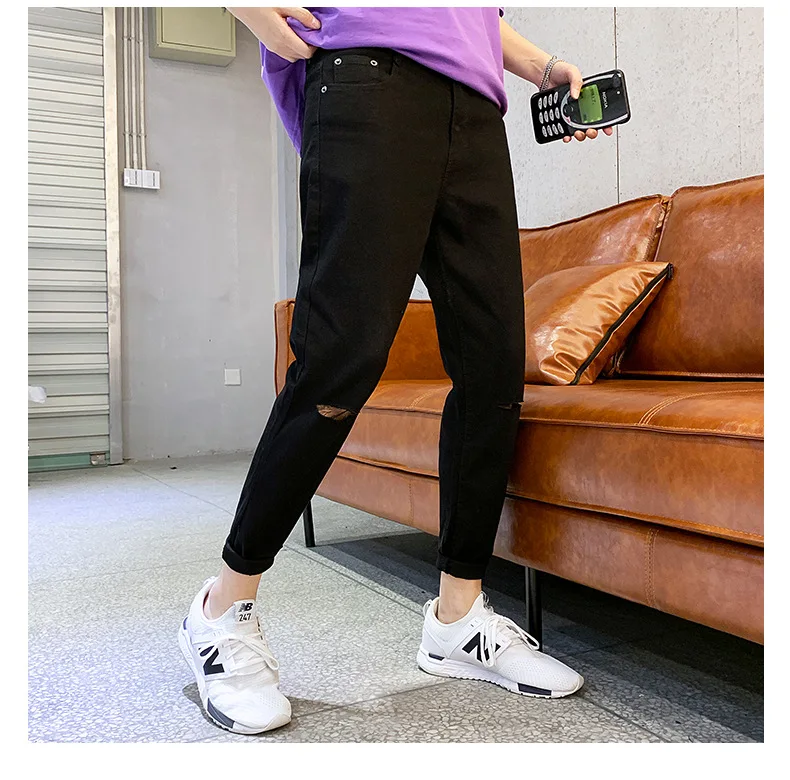 Casual Hole Men Jeans Fashion Slim Ankle Length Denim Pants Solid Jeans Homme Big Size
