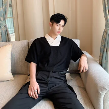 

V Collar Short Sleeve T-shirt Male Fashion Vintage Tee Shirts Couple Streetwear Hip Hop Tshirt Design Loose Pullover Men's Shirt