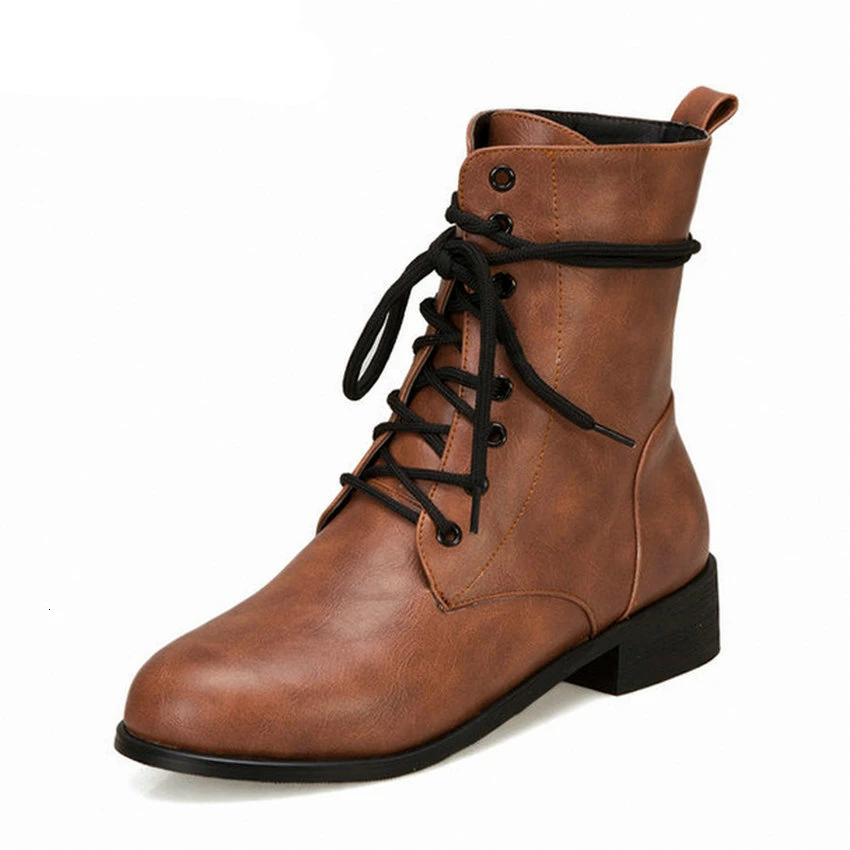 

2020 New Autumn Winter Warm Fur Square Heel Lace Up Concise Ankle Boots PU Leather Round Toe Casual Women Shoes Size 34-43