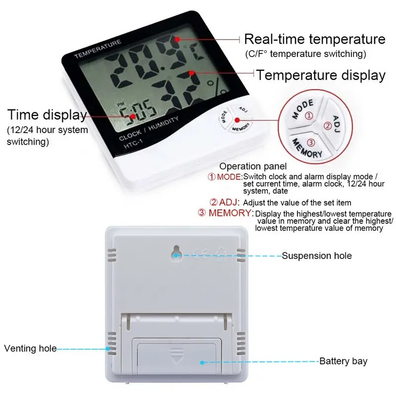 Мини цифровой ЖК-дисплей датчик температуры для помещений измеритель влажности термометр гигрометр манометр Электронная метеостанция часы HTC-1-2