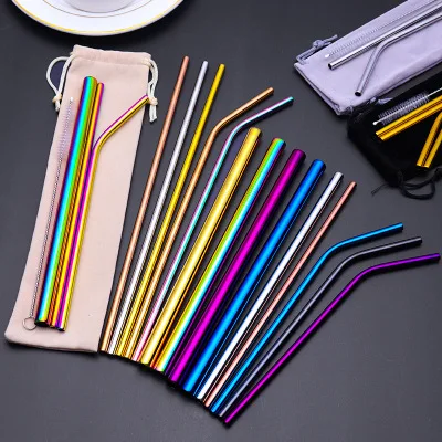 

10pcs Reusable 304 Stainless Steel Metal Straws Straight Bent Drinking Straw With Cleaning Brush Set Party Bar Accessory