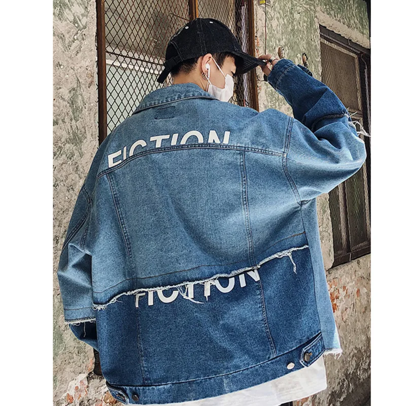 

Autumn hole jeans men's stitching printing fashion jacket jacket men's loose fashion brand