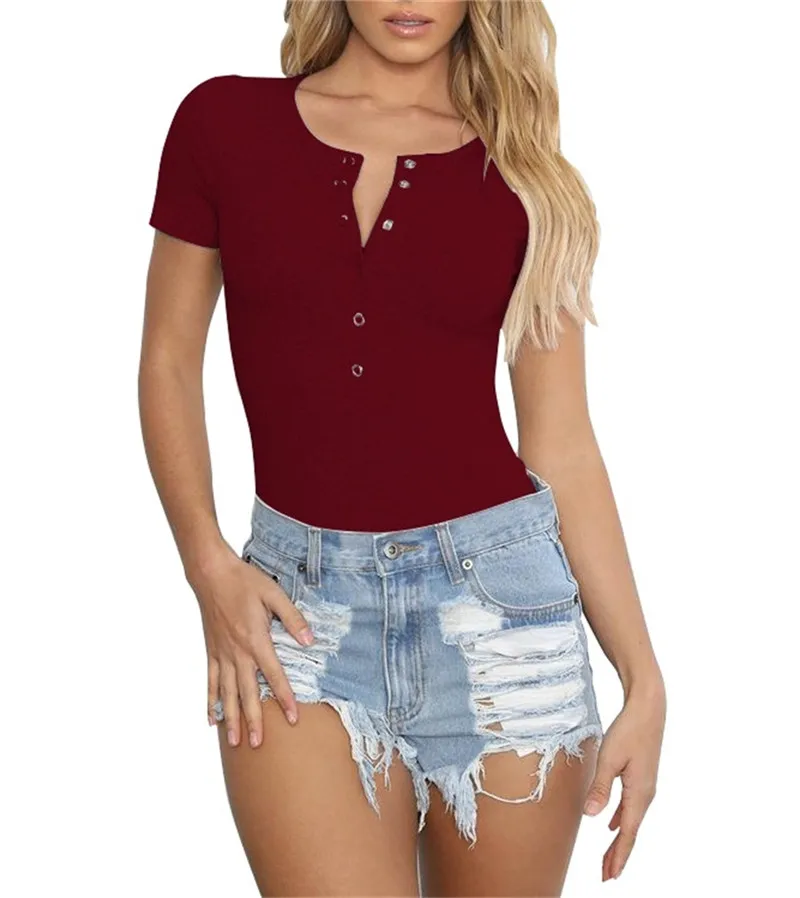 Buttons Scoop Neck Sexy Skinny Body Suit Tops Women Short Sleeve Bodycon Romper Bodysuits Female Short Jumpsuits Overalls GV168