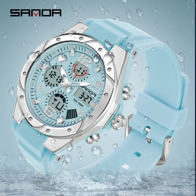 

SANDA Sky Blue Watch for Women Analog LED Digital Electronic Wristwatch Student Boy Girl Waterproof Sport Watch Luminous Watch