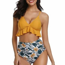 Купальный костюм, бикини, желтый купальник, женская одежда с оборками, высокая талия, бикини,, купальный костюм, купальный костюм, купальники, пуш-ап, комплект бикини