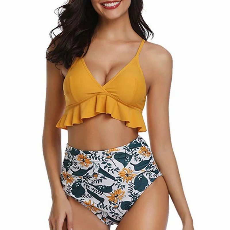 

Swimsuit Bikini Yellow Swimwear Women With Ruffle High Waist Bikinis 2020 Swim Suit Bathing Suit Swimsuits Push Up Bikini Set