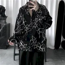 

Harajuku line print men shirt vintage Hawaiian Korean fashion spring autumn black long sleeve hip-hop punk couple shirt top emo