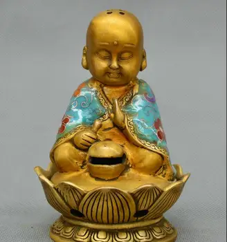 

Chinese old Cloisonne bronze Gilt Young monk Buddha Statue incense burner censer