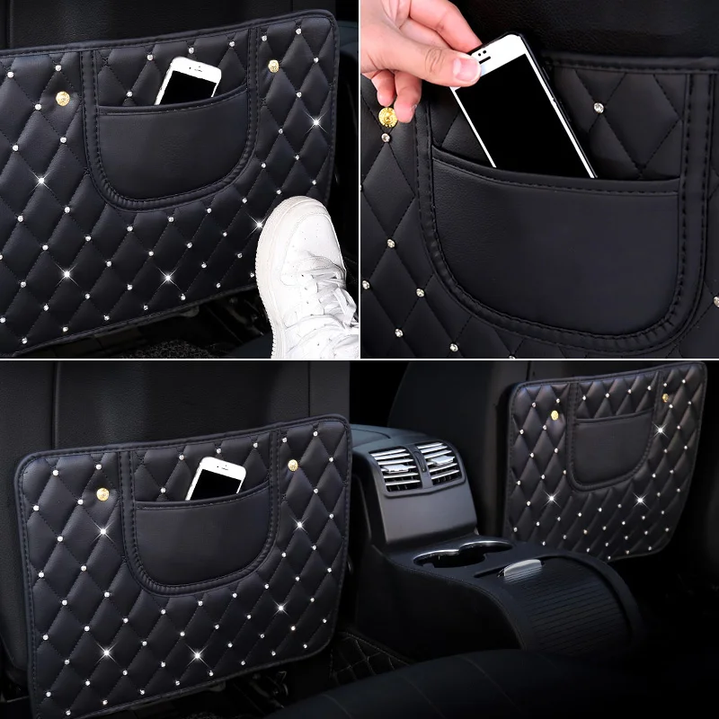 Rhinestone-Car-Anti-kick-Pad-Crystal-Car-Seat-Back-Cover-Protector-Kids-Anti-Dirty-Mat-Auto-Storage-Hanging-4