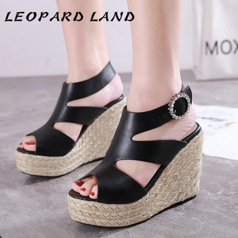 Womens Ladies Strap Ankle Leopard Platform Wedges Woven Sandals Roman Shoes