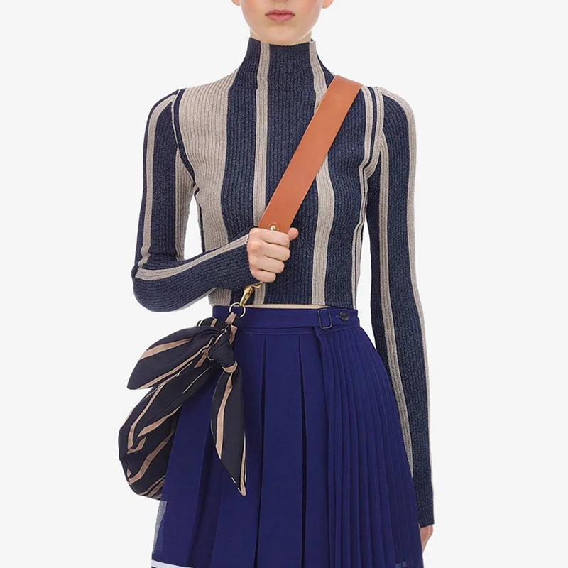 

Women Cropped Sweaters Tops 2019 Autumn High Neck Long Sleeve Striped Tight Fitting Pullovers Bodycon Knitted Sweaters