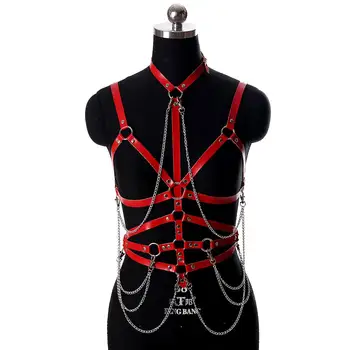 

Metal Chain Body Harness Leather Bra Goth Punk Party Dance Rave Women Sexy Lingerie Cage Chest Belts Plus Size Top Red Suspender