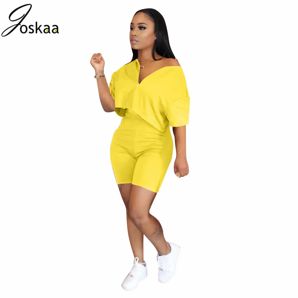

Joskaa Solid Two Piece Set Women Tracksuit Summer Clothes Crop Top Biker Shorts Cute Suits Sexy Club Outfits Matching Sets Plus