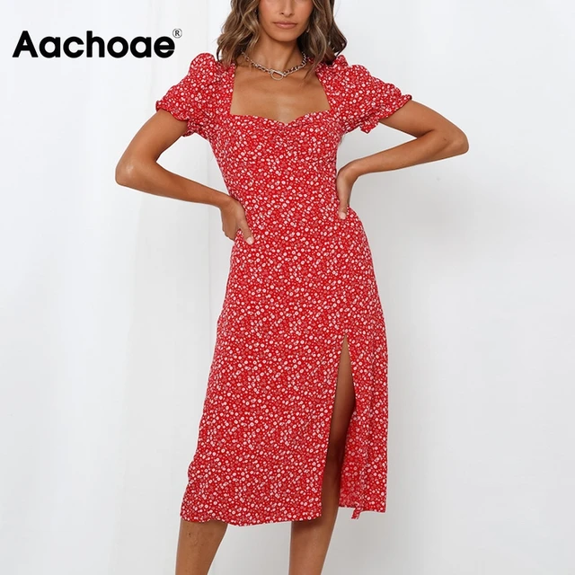 Aachoae Elegant Floral Print Dress Front Split Party Midi Dress Butterfly Short Sleeve Vintage Red Dress A Line Sundress Vestido 2