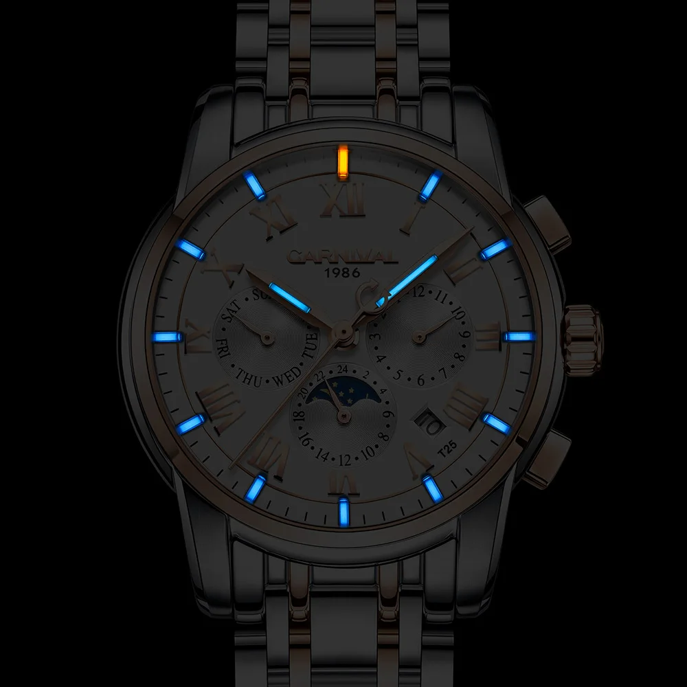T25 Тритий газ светящиеся автоматические часы карнавал мужские часы сапфир Луна фазы механические наручные часы relogio masculino 2017
