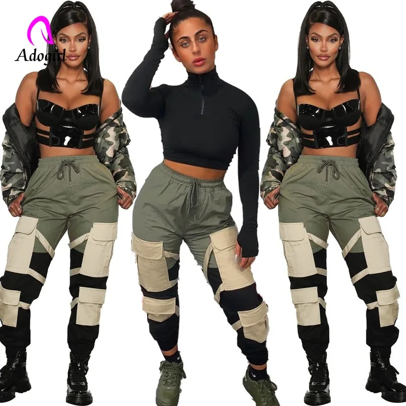 Army Green 2020 New Women Pants High Waist Spliced Pockets Jogging Trousers Casual Loose Fashion Outfits Sportwear Cargo Pants Army Green 2020 New Women Pants High Waist Spliced Pockets Jogging Trousers Casual Loose Fashion Outfits Sportwear Cargo Pants