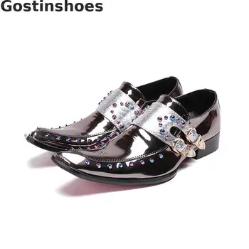 

Square Plain Toe Luxury Men Leather Shoes Silver Genuine Leather Men Derby Shoes Buckle Straps Slip-on Men Formal Dress Shoes