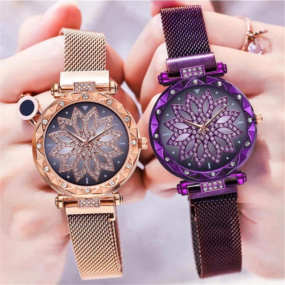 Best Hot Fashion Women Magnet Buckle Lucky Flower Watch Luxury Ladies Rhinestone Quartz Watch Clock Relogio Feminino Dropshipping