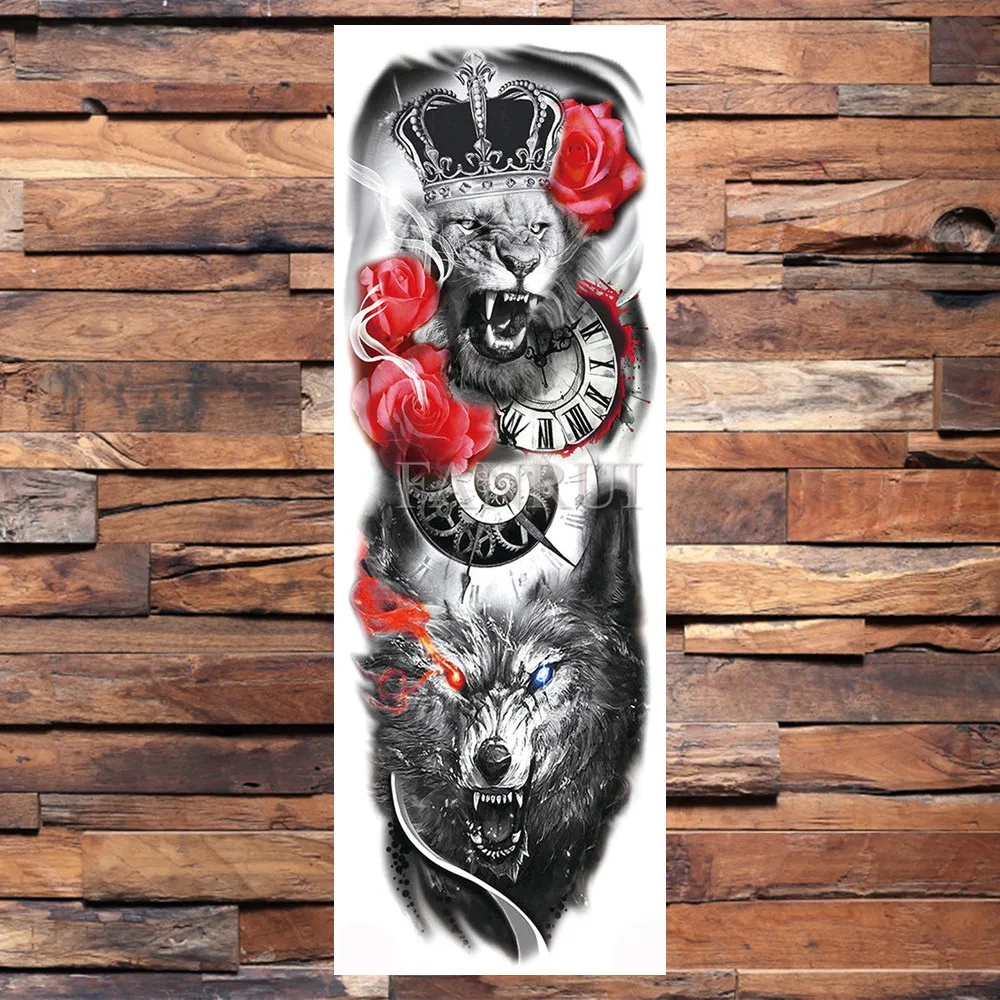 Lion King Wolf Temporary Tattoos Realistic Fake Full Arm Skull Robot Clock Tatoos Sticker For Women Men Sleeve DIY Tatoos Paste