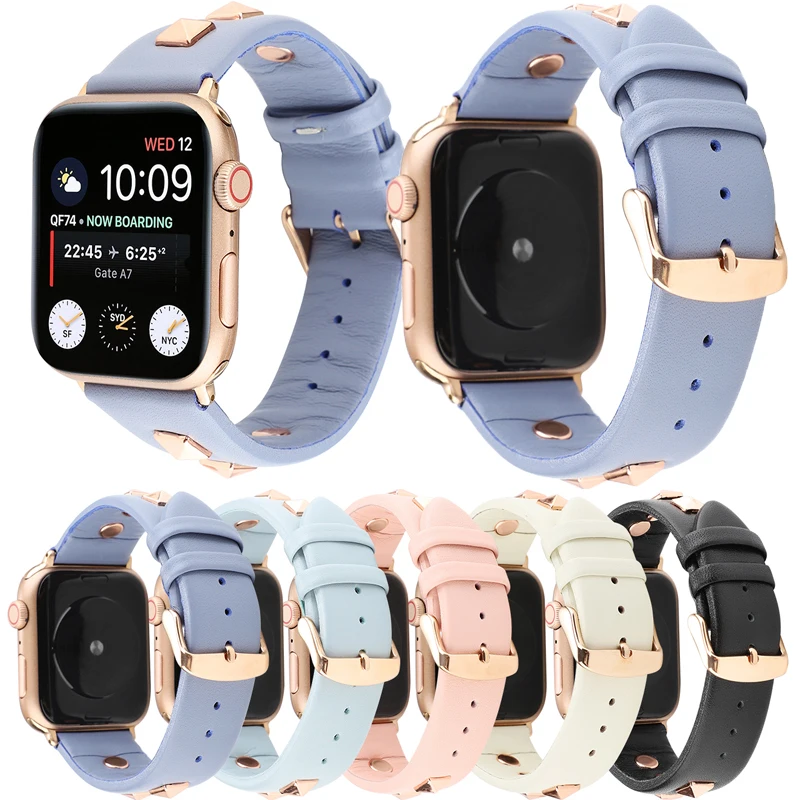 Ремешок из натуральной кожи с заклепками розового золота для apple wacth band 42 мм 38 мм apple watch 4 44/40 мм браслет correa для iwatch 5 4 3 2 1