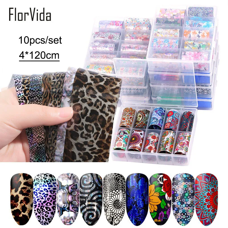 FlorVida 10pcs/set 4*120cm Nail Foil Stickers Leopard Pattern Decal Design for Nails Salon Wholesale Nail Art Foil Decoration