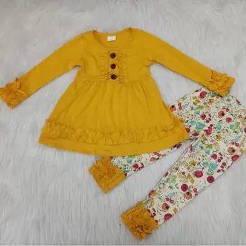 

Free shipping Baby girls mustard ruffle sleeve tunic floral legging design kids toddler outfits ready to ship clothing sets