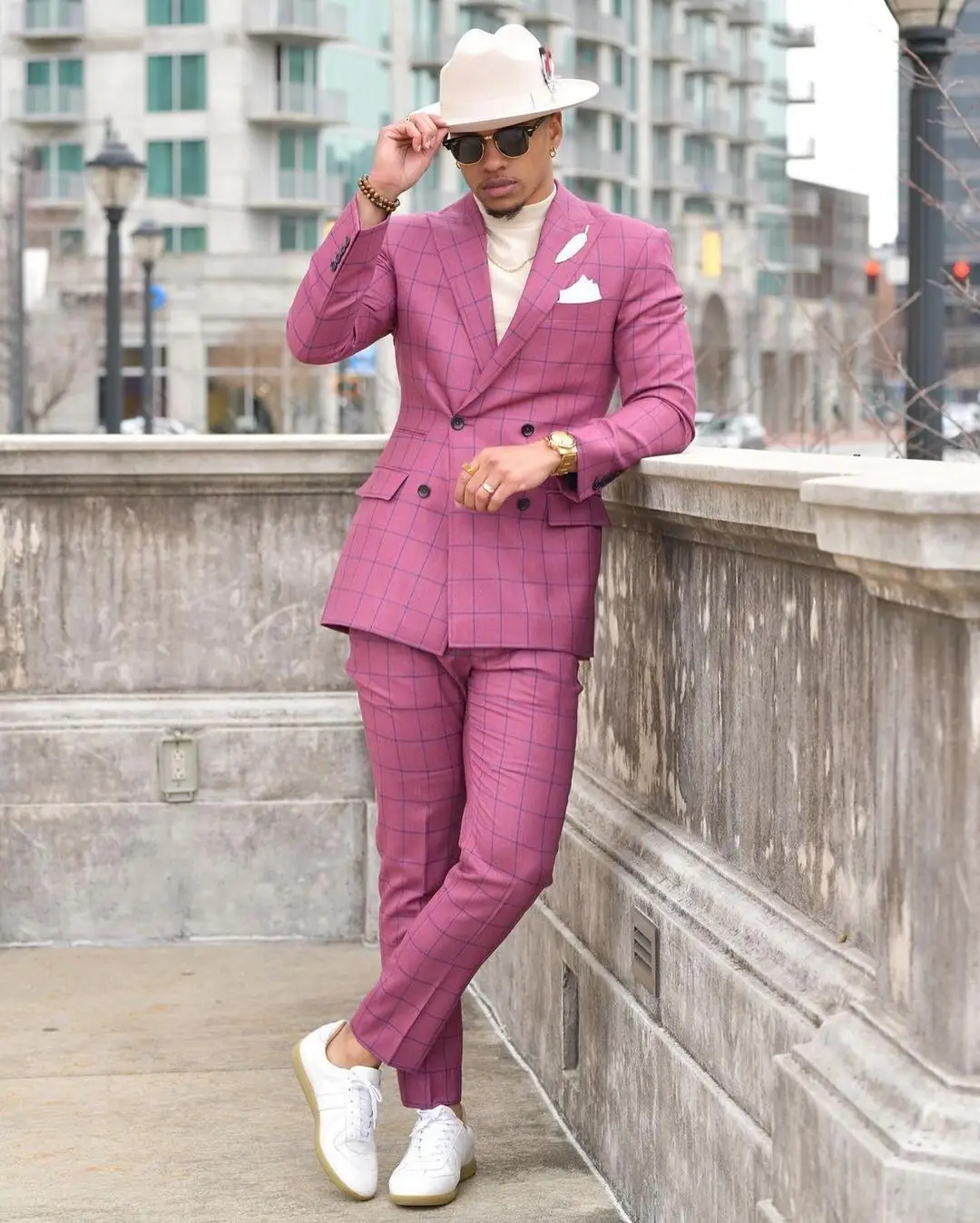 Smart Hot Pink Check Customized Mens Wedding Tuxedos Groom Wear Formal Dinner Prom Party Blazer Suits(Jacket+Pants)