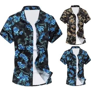 

Hawaiian Summer Hot Men Flower Print Short Sleeve Turn Down Collar Shirt Slim Fitness Top