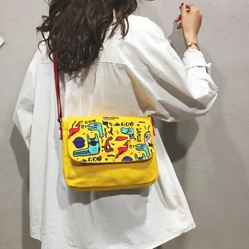 

ABAY 2020 Luxury Handbags Women Bags Designer Cartoon Graffiti Print Vintage Canvas Bag Women's Shoulder Bag Girl Crossbody Bag