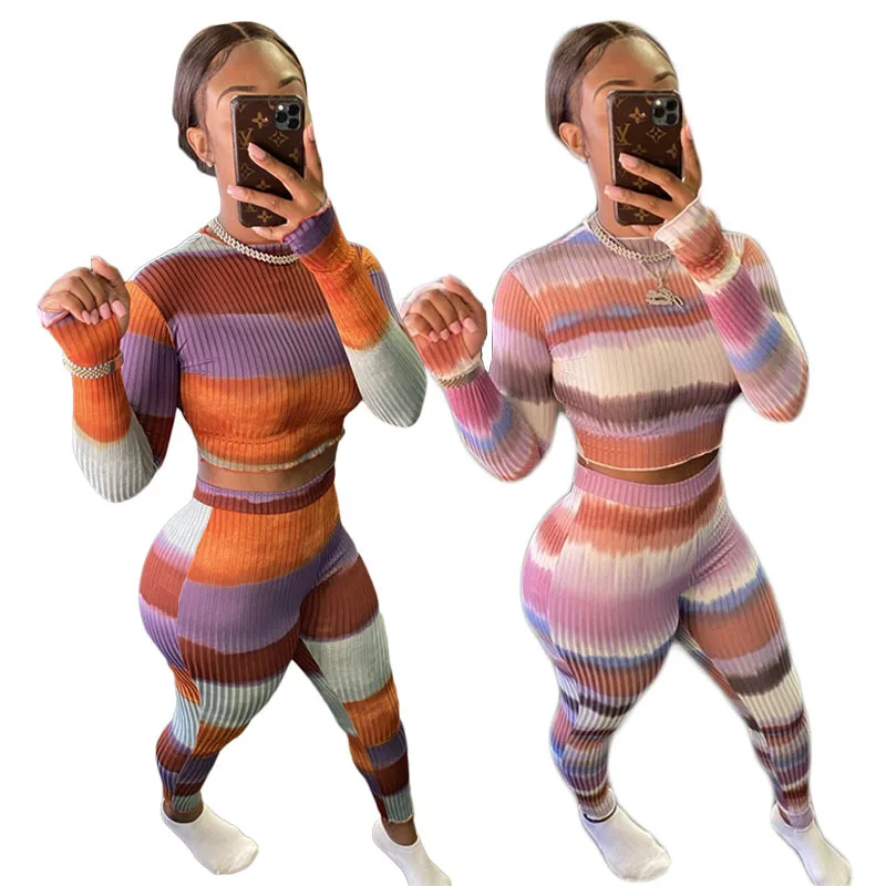 

Stripe Print Knit Long Sleeve Crop Tshirts Top & Bodycon Trousers Women Two Piece Outfits Winter Sexy Casual Office Lady Suits