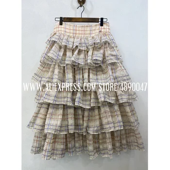

2020 Early Spring Colorblock Striped Multi-layer Wrinkled Skirt High Quality Women's Silk + Cotton Tulle High Waist Skirt